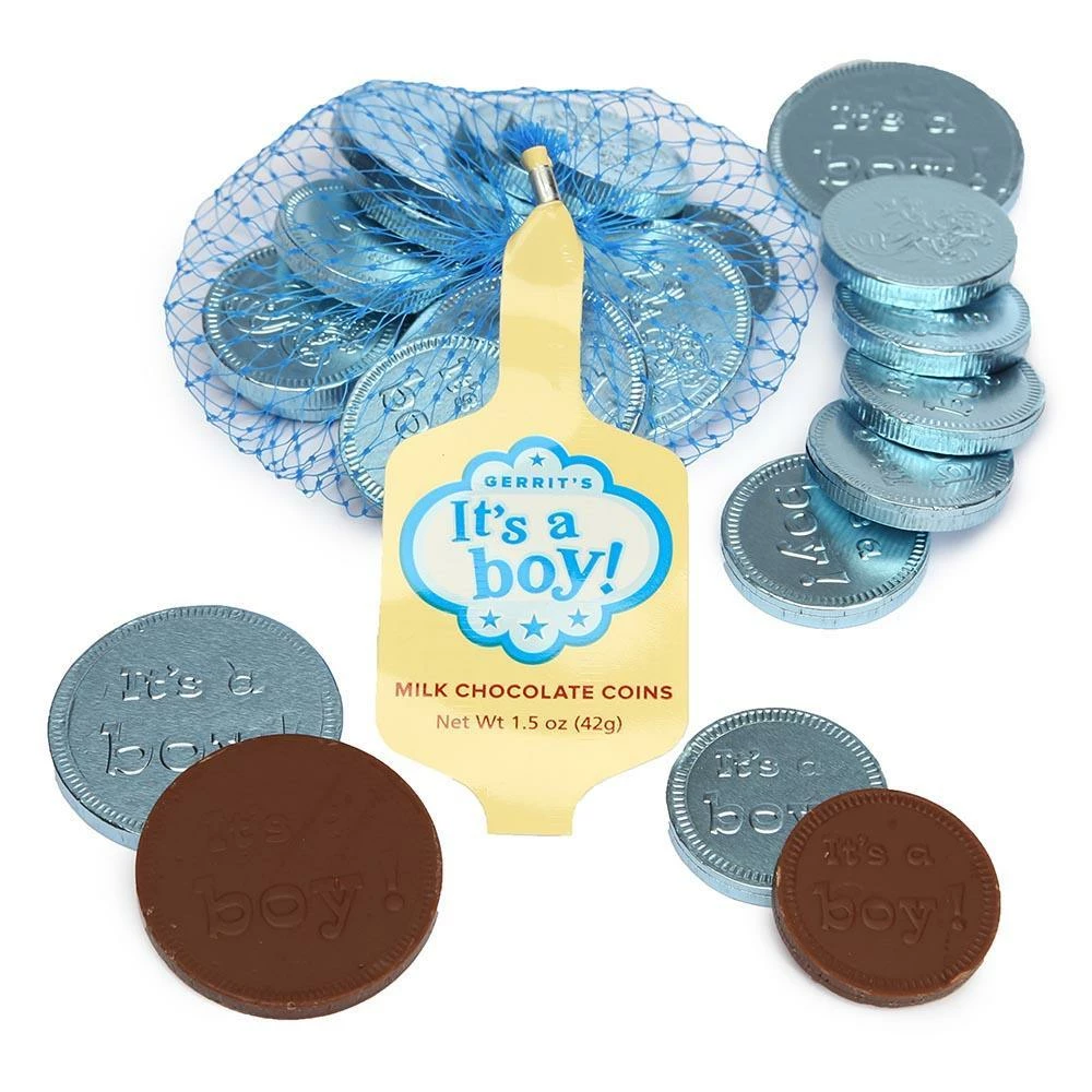 It's A Boy Foiled Chocolate Coins In Mesh Bags: 18-Piece Box 1 It's A Boy Foiled Chocolate Coins In Mesh Bags: 18-Piece Box