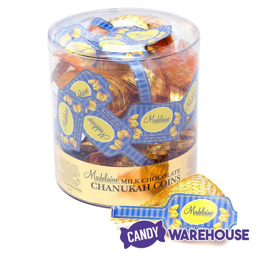 Madelaine Chanukah Gelt Gold Foiled Milk Chocolate Coins In Mesh Bags: 24-Piece Tub 2 Madelaine Chanukah Gelt Gold Foiled Milk Chocolate Coins In Mesh Bags: 24-Piece Tub - Image 2