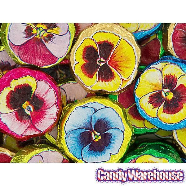 Madelaine Foiled Milk Chocolate Flower Wafers - Pansies: 5LB Bag 2 Madelaine Foiled Milk Chocolate Flower Wafers - Pansies: 5LB Bag - Image 2