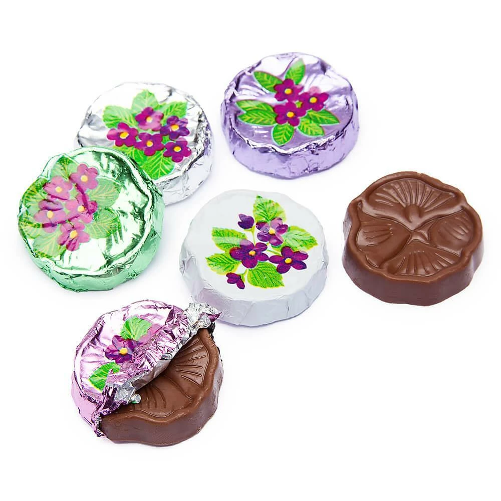 Madelaine Foiled Milk Chocolate Flower Wafers - Violets: 5LB Bag 1 Madelaine Foiled Milk Chocolate Flower Wafers - Violets: 5LB Bag