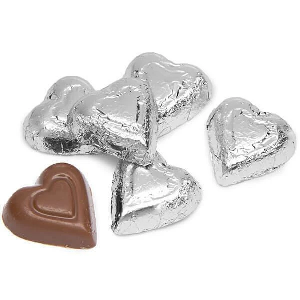 Madelaine Silver Foiled Milk Chocolate Hearts: 5LB Bag 1 Madelaine Silver Foiled Milk Chocolate Hearts: 5LB Bag