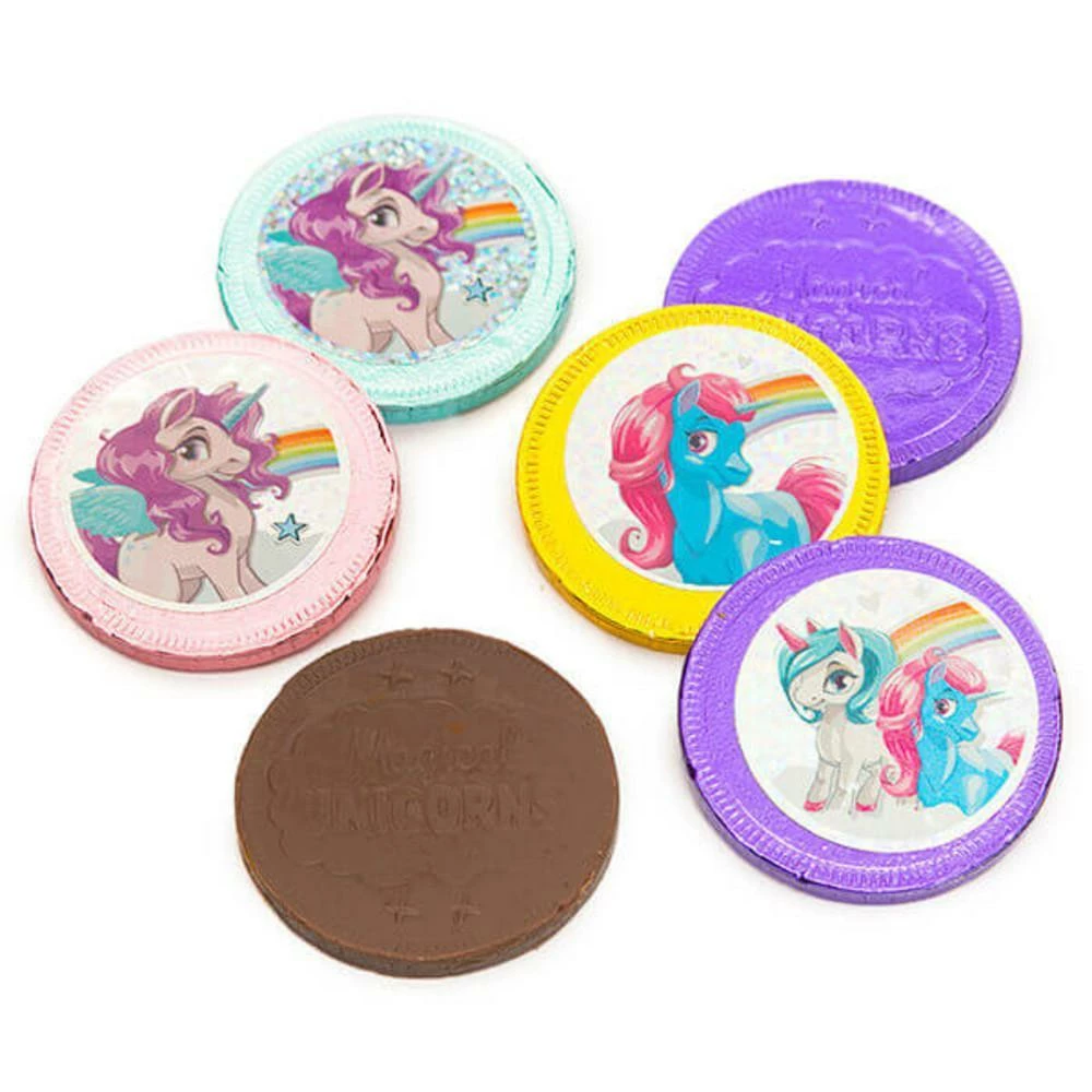 Rainbow Unicorn Foiled Milk Chocolate Coins In Mesh Bags: 18-Piece Box 1 Rainbow Unicorn Foiled Milk Chocolate Coins In Mesh Bags: 18-Piece Box