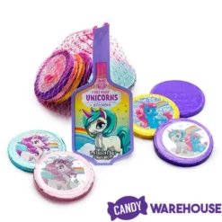 Rainbow Unicorn Foiled Milk Chocolate Coins In Mesh Bags: 18-Piece Box 7 Rainbow Unicorn Foiled Milk Chocolate Coins In Mesh Bags: 18-Piece Box -CANDY WAREHOUSE Sales rainbow unicorn foiled milk chocolate coins in mesh bags 18 piece box candy warehouse 3