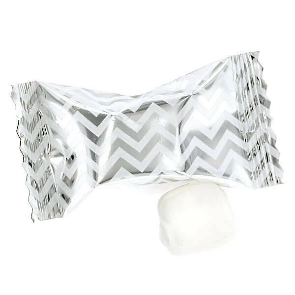 Silver Chevron Stripe Wrapped Buttermint Creams: 300-Piece Case 1 Silver Chevron Stripe Wrapped Buttermint Creams: 300-Piece Case